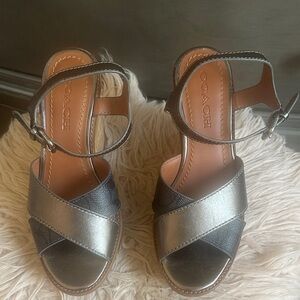 Coach Women's Metallic Silver and Black Strappy Sandals